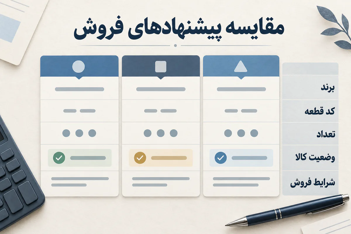 مقایسه برند، کد قطعه، تعداد و شرایط پیشنهادهای فروش